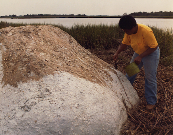 Figure 12: Beverly Buchanan, installing and staining Marsh Ruins, concrete and tabby, 1981.