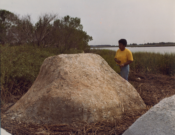 Figure 13: Beverly Buchanan, installing and staining Marsh Ruins, concrete and tabby, 1981.