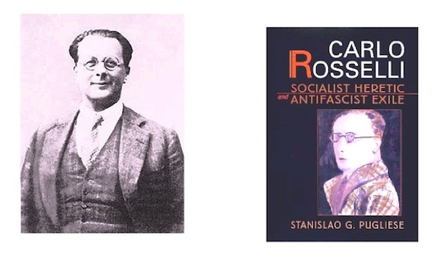 Left: a portrait of Carlo Rosselli. Right: a recent study of this political figure.