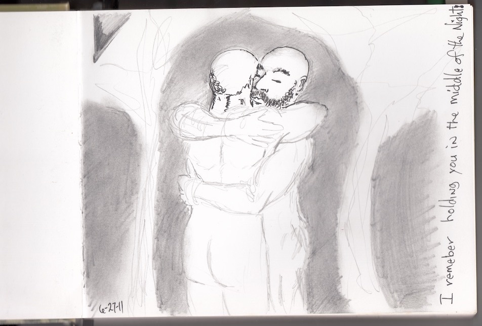 A pencil sketch of two lovers embracing with text written vertically on the right side, reading I remember holding you in the middle of the night.